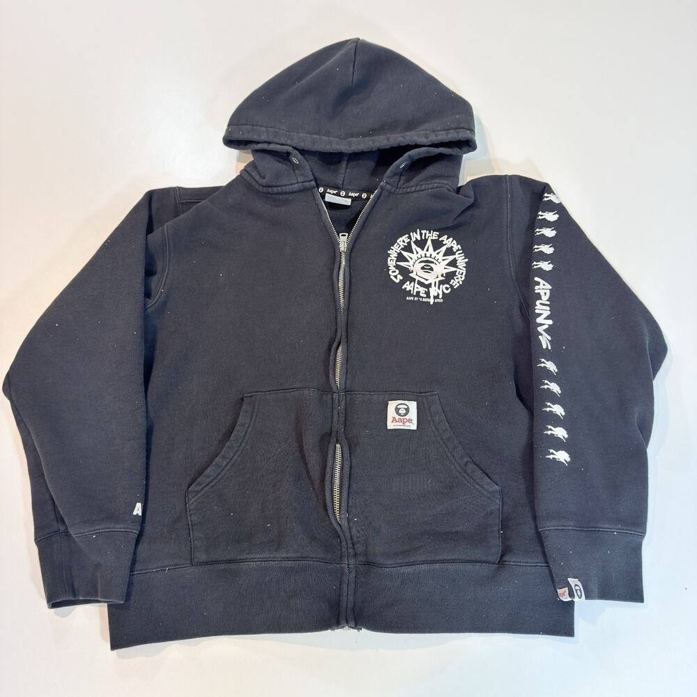AAPE By A Bathing Ape Mens Black White XL Full Zip Hoodie Sweatshirt Graphic